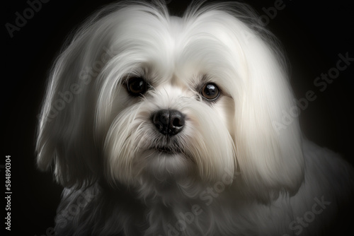Generative AI. Portrait of a Maltese dog in close-up on a dark background.