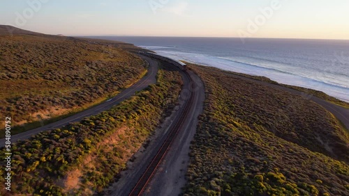 2023 - Excellent aerial footage of an Amtrak train traveling next to Jalama Beach, California. photo