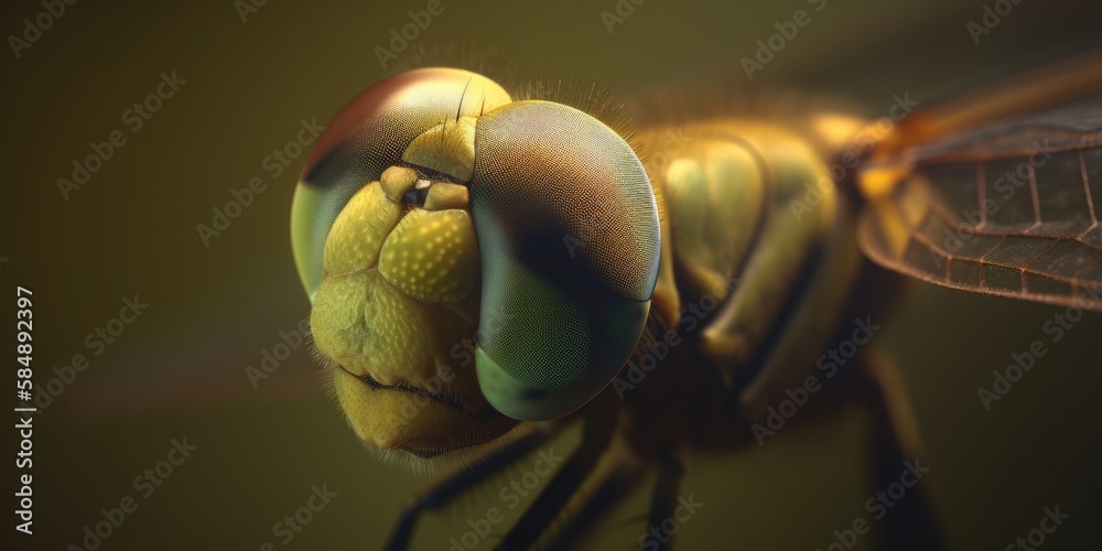 Extreme close up of dragonfly head, compound eyes, generative ai