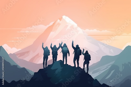 A Group Of People Standing On Top Of A Mountain With Their Arms In The Air Mountain Graphic Design Group Travel Generative AI 