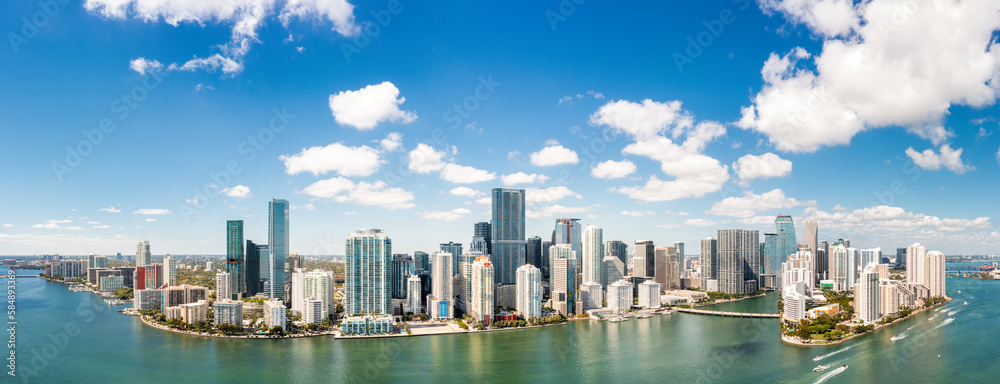 Aerial panorama of Miami, Florida. Miami is a majority-minority city and a major center and leader in finance, commerce, culture, arts, and international trade.