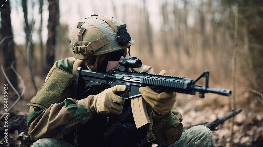 Soldier in modern equipment in the forest. generative AI Soldier in modern equipment in the forest. generative AI