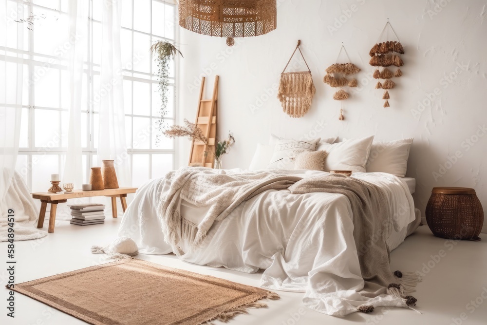 home hygge. White boho bedroom with coffee table, straw light, and cozy bed with cushions, copy space. white draped bed. Scandinavian style room. Generative AI