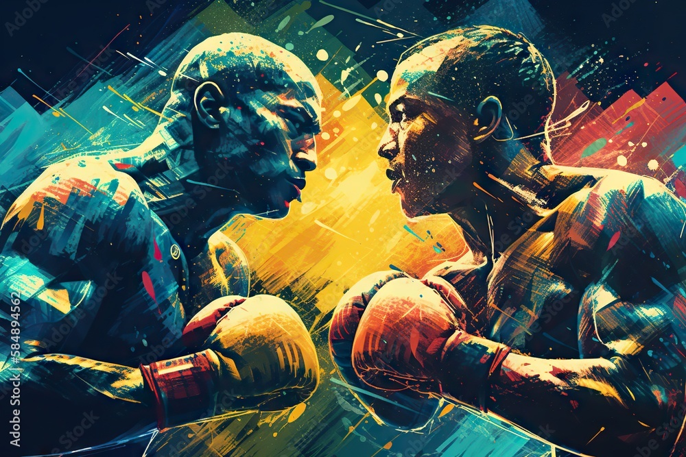 Two Boxers In A Boxing Ring With Colorful Background And Splashing