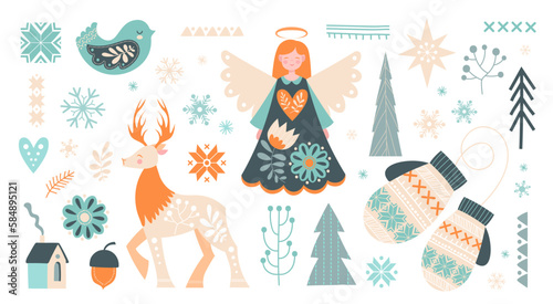 Scandinavian christmas elements set. Collection of icons for website. Angel, deer and snowflakes. Birdie, gloves and christmas trees. Cartoon flat vector illustrations isolated on white background