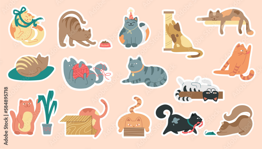 Obraz premium Cats stickers set. Playful multicolored kittens in various positions.