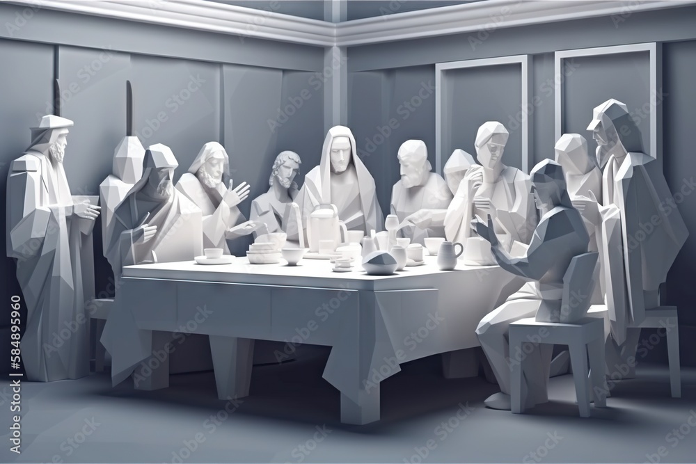 A Group Of People Sitting Around A Table With A Statue Of Jesus ...