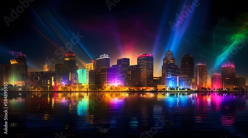 Vibrant illuminated neon city skyline at night. Generative AI