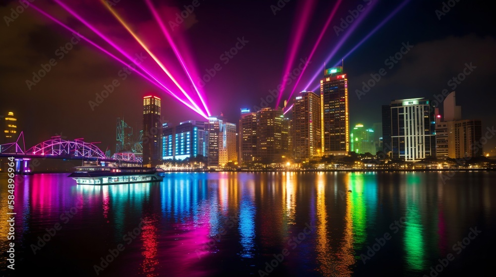Fototapeta premium Vibrant illuminated neon city skyline at night. Generative AI
