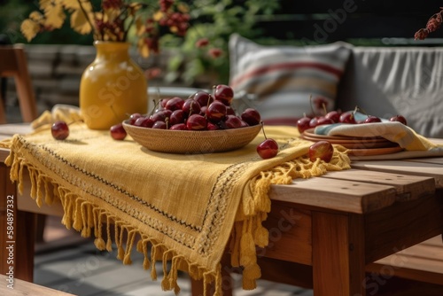 Blankets and rattan bags on home terrace table with cherries. Real picture. Generative AI