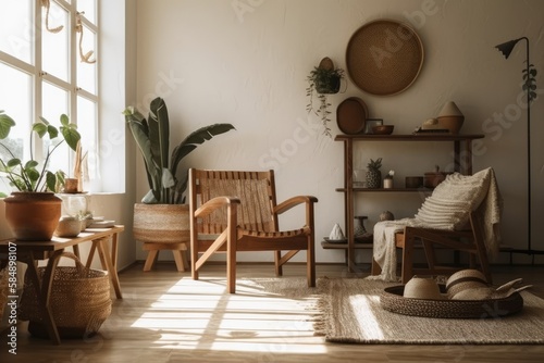 Korean and bohemian living room with lovely furnishings, chair, wooden shelf, and vase. Home decor minimalism. Interior geometry. Generative AI