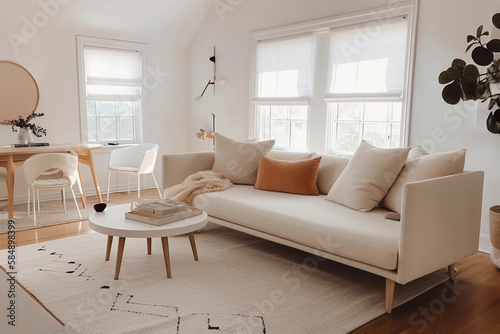 Living room interior, simple, minimal wooden decor in off white and orange shades, AI generative