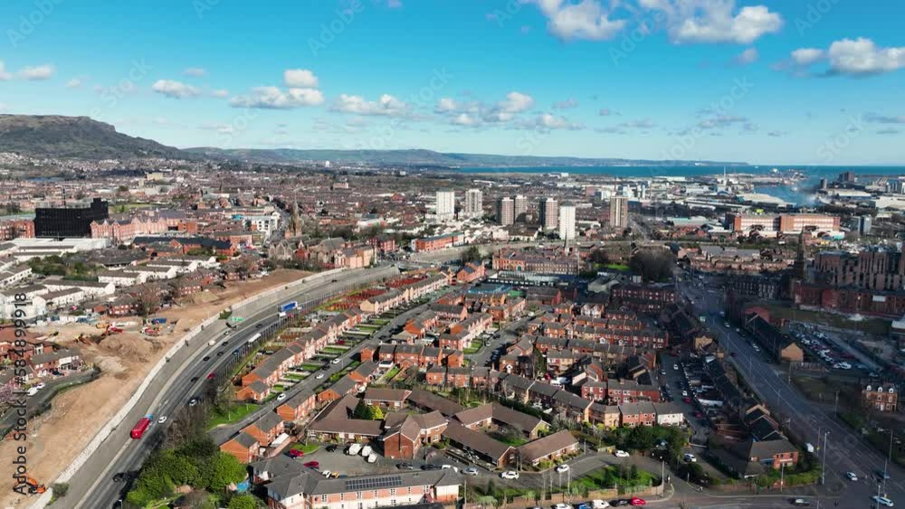 Aerial Video of Residential homes and Business in Belfast City Skyline Cityscape Northern Ireland Aerial Video of Residential homes and Business in Belfast City Skyline Cityscape Northern Ireland