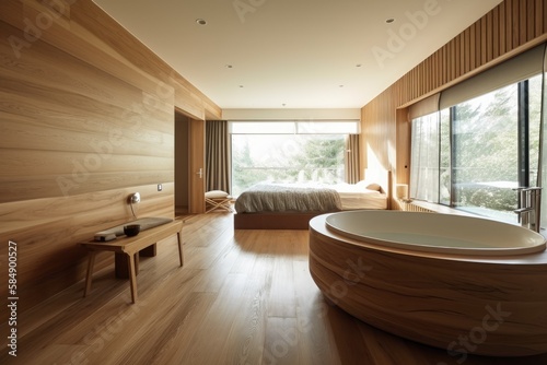 Contemporary timber bedroom with white and beige bathtub. Double bed  freestanding tub  parquet  wallpaper. Japanese interiors. Generative AI