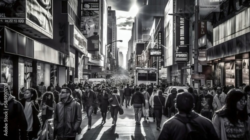 Bustling busy city street dynamic movement. Generative AI