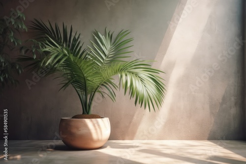Simple product placement background with concrete wall palm shadow. Summer luxury interior design. Contemporary tropical mockup. Generative AI