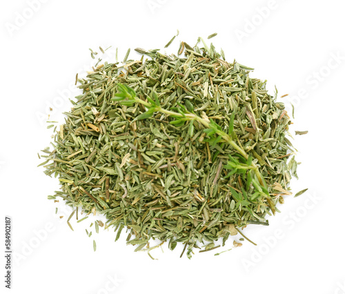 Pile of dried thyme and fresh herb isolated on white, top view