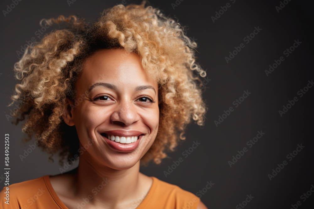 Face, hair care and beauty smile of black woman on gray studio background. Jamaican female model, makeup and portrait with beautiful healthy hair and curls after spa cosmetic treatment Face, hair care and beauty smile of black woman on gray studio background. Jamaican female model, makeup and portrait with beautiful healthy hair and curls after spa cosmetic treatment