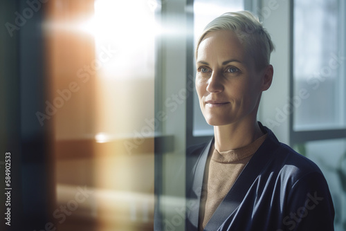 Businesswoman looking through a window in an office, generative AI