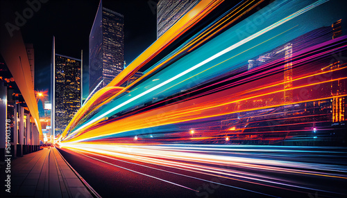 Night traffic speeds through the illuminated cityscape ,generative AI