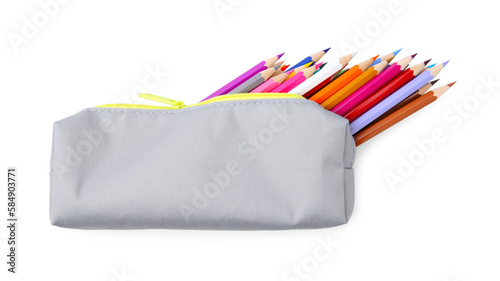 Many colorful pencils in pencil case isolated on white, top view