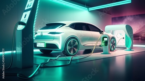 electric car on charging station Generative Ai