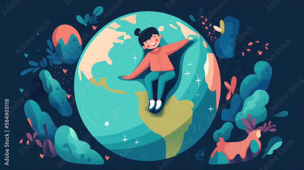 An asian girl sitting on top of the world, illustration, earth, generative AI