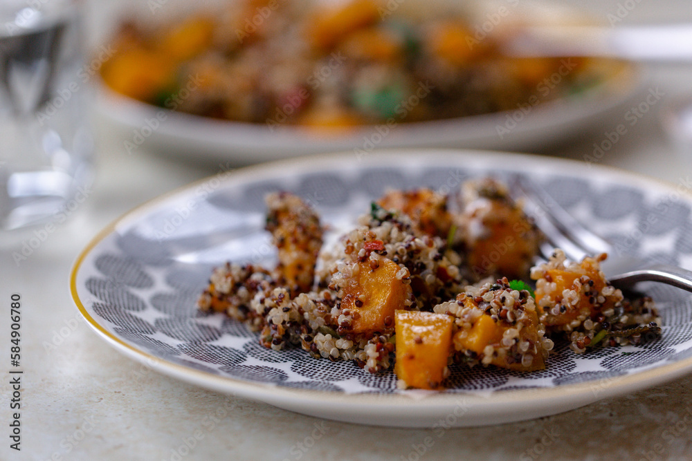 Healthy vegetarian warm salad of pumpkin and quinoa. Healthy vegetarian warm salad of pumpkin and quinoa.