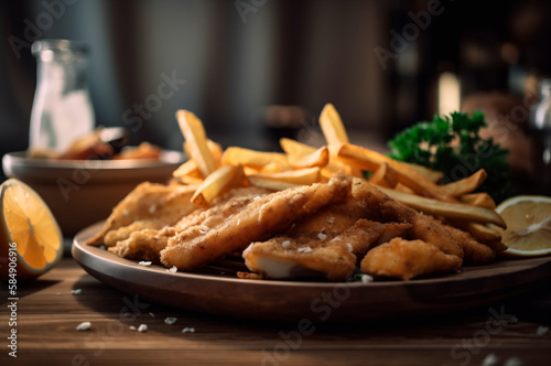 crispy fried fish strips with french fries on rustic wooden table. AI generated