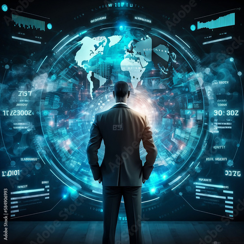 A stock image featuring a business team working in the Metaverse using a virtual dashboard interface to seamlessly navigate between the real and virtual worlds. The dashboard provides real-time data v