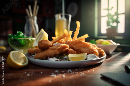 crispy fried fish strips with french fries on rustic wooden table. AI generated