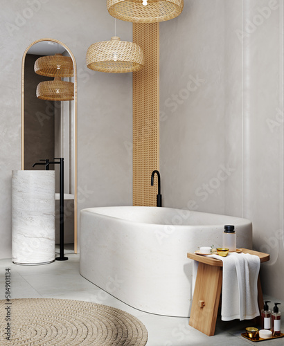 Bathroom interior with bathtub, mirror, sink and accessories