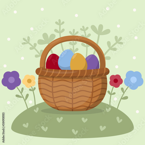 Basket with Easter eggs. Spring. Cartoon illustration. Easter egg. Vector