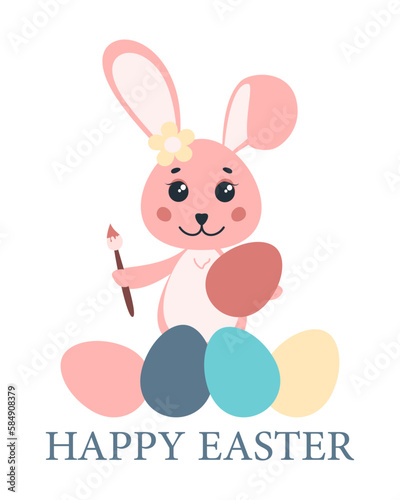 Cute Easter bunny with egg. Happy Easter. Cartoon illustration of a happy little rabbit holding an Easter egg. Vector illustration.