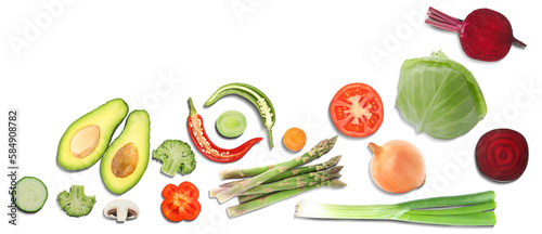 Fototapeta Naklejka Na Ścianę i Meble -  Collage with many vegetables and fruits on white background, top view