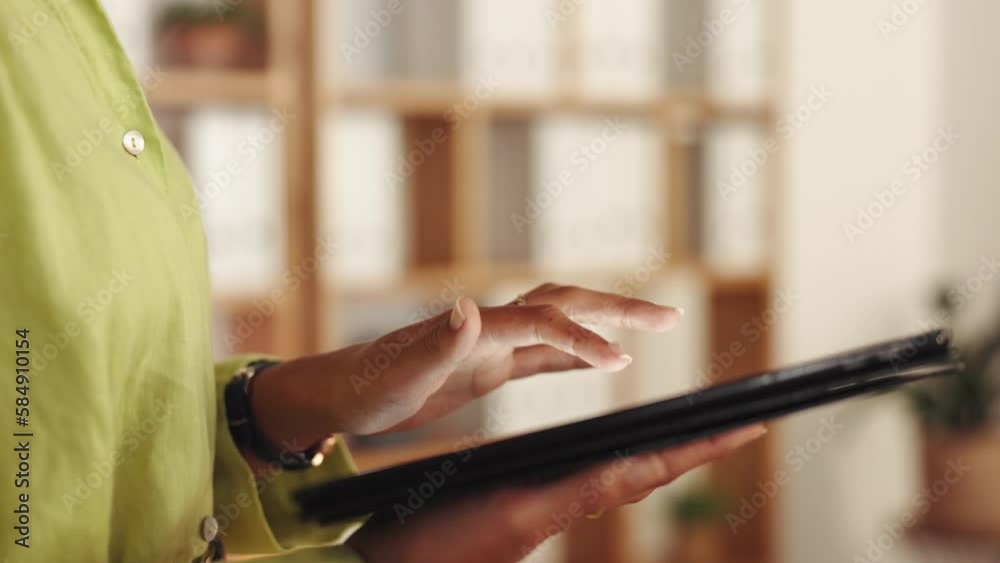 Woman, hands and tablet typing in zoom for research, browsing or social media at office. Hand of female working on touchscreen or mobile app for marketing, advertising or online search at workplace Woman, hands and tablet typing in zoom for research, browsing or social media at office. Hand of female working on touchscreen or mobile app for marketing, advertising or online search at workplace