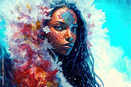 Fantasy winter goddess as spirit of northern pagan as a symbol of both beauty and power in magical design, African princess wrapped in a flowing gown of icy blue and white. Superb Generative AI