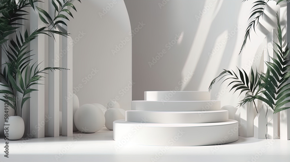 Create a Serene and Elegant Display with our Beautiful White Podium - Designed to Complement Your Skincare Products with Natural Greenery, Sunlight, and Shadow Details - 3D Rendered for Maximum Impac