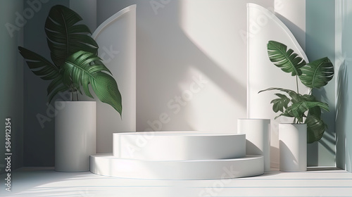 Experience the Ultimate in Beauty Presentation with our 3D Rendered White Podium - Featuring Natural Green Leaves  Twigs  and Foliage Shadows to Showcase Your Whitening Skincare Products