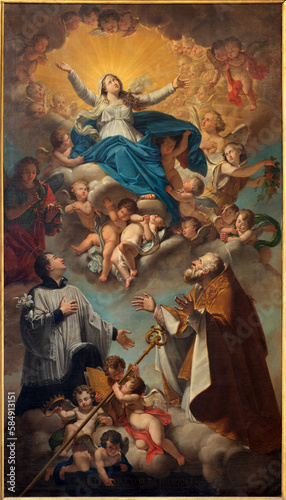 GENOVA, ITALY - MARCH 6, 2023: The painting of Virgin Mary among the saints in the church Chiesa di Santa Croce e San Camillo.