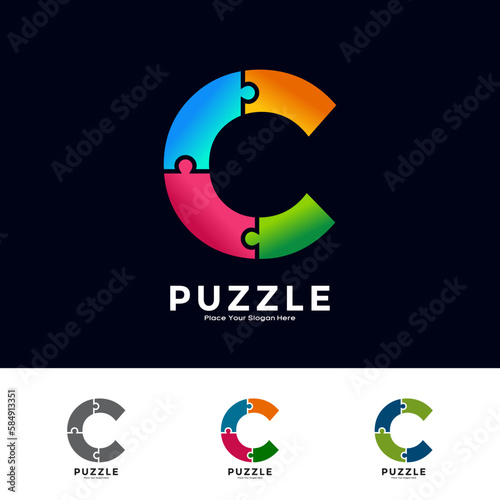 Abstract letter C puzzle pieces colorful vector logo template. Suitable for business, education, game, sticker and template
