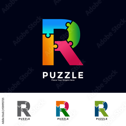 Abstract letter R puzzle pieces colorful vector logo template. Suitable for business, education, game, sticker and template