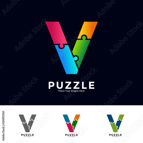 Abstract letter V puzzle pieces colorful vector logo template. Suitable for business, education, game, sticker and template