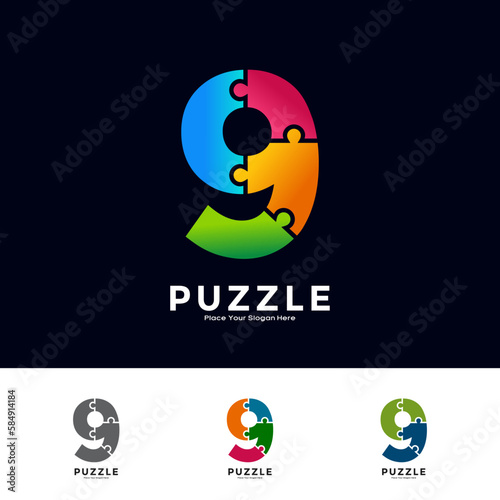 Abstract number 9 puzzle pieces colorful vector logo template. Suitable for business, education, game, sticker and initial name