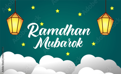 Greetings marhaban ya ramadhan. ramadan mubarok with elegant background and clouds around it