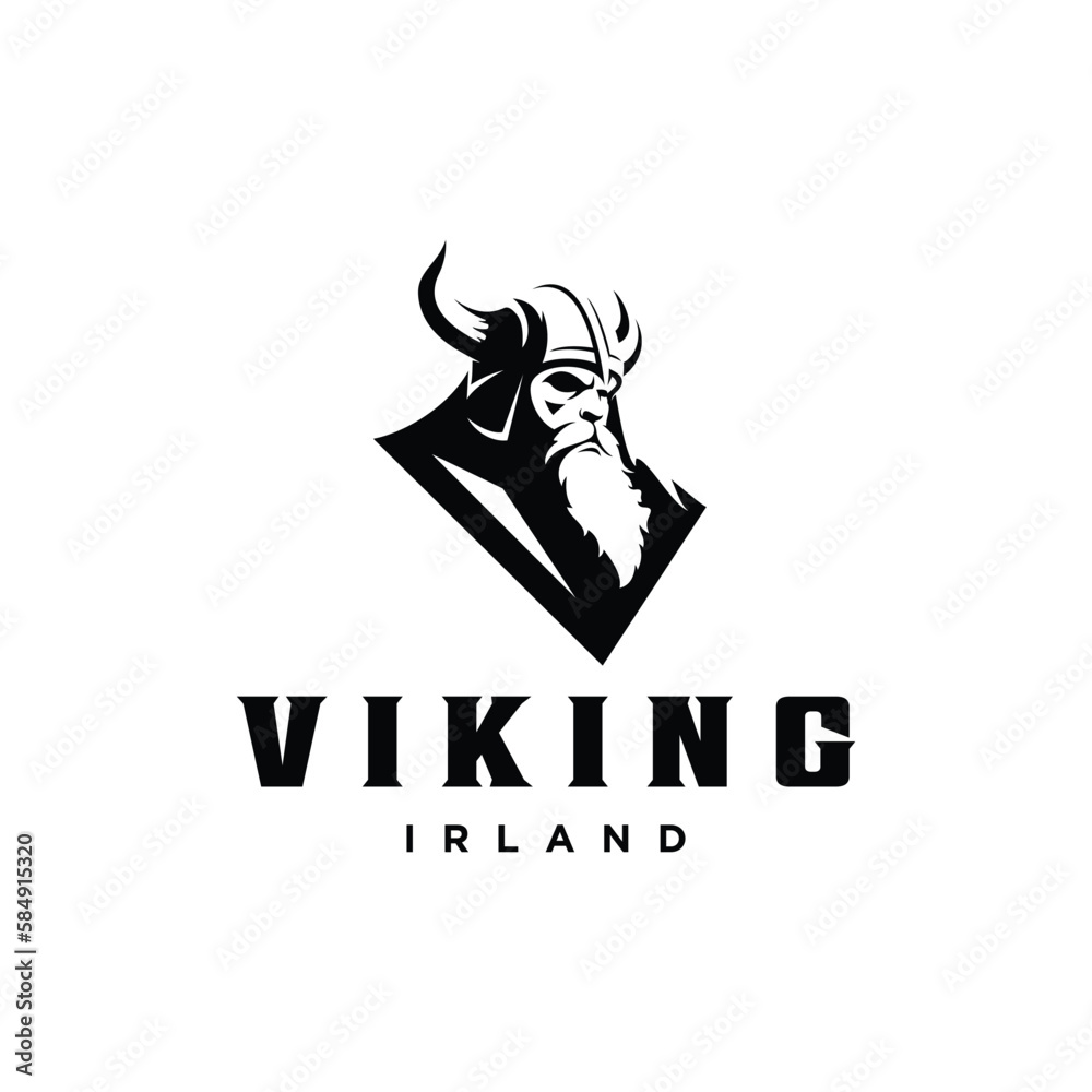Viking logo design. Nordic warrior symbol. Horned Norseman emblem. Barbarian man head icon with