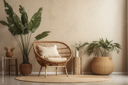 Empty wall mockup in warm neutral beige room with wicker armchair, palm plant in woven basket, bohemian décor, and open space. Illustration,. Generative AI