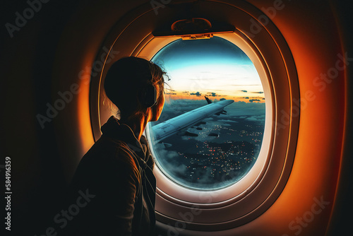 Young man looking out of airplane window. Generative AI.