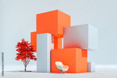 Structure of modern cubes next to an armchair photo