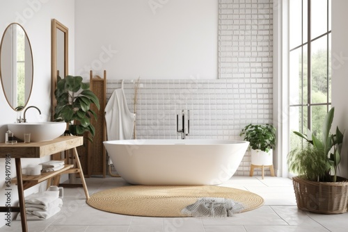 White comfy bathroom interior background, wall mockup,. Generative AI